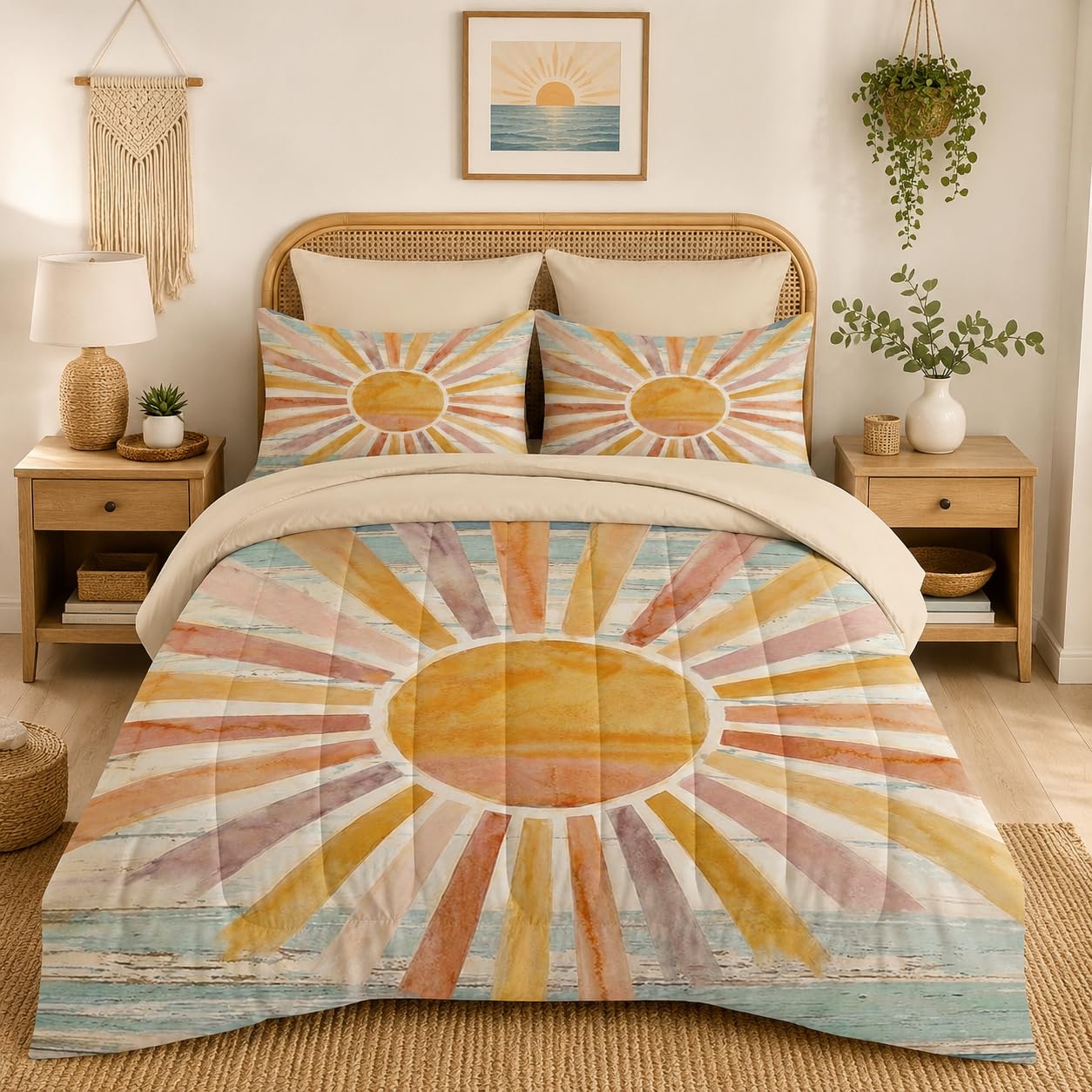 WeCozy 5 Pcs Twin Size Comforter Set with Pillowcase & Sham, Boho Sun Sunshine Bedding Set for Kids and Adults, Coastal Retro Bed in a Bag with Flat Sheet and Fitted Sheet