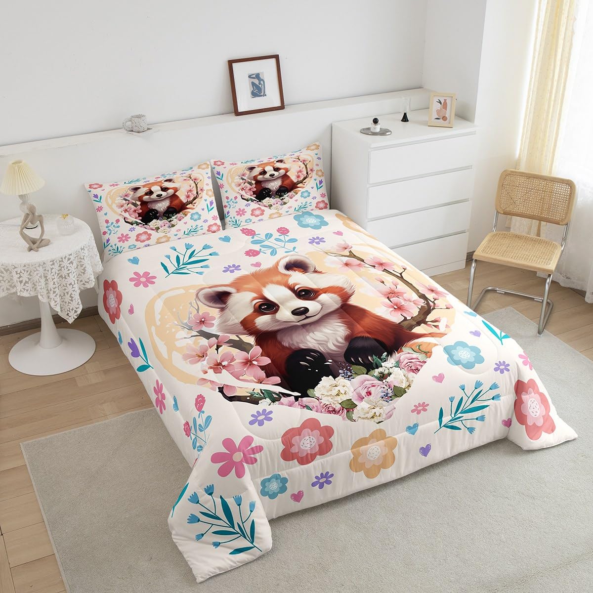 Manfei Red Panda Twin Size Comforter Set for All Seasons,Nature Wild Animal Cherry Blossom Bedding Set Bedroom Decor,Cute Flowers Leaves Yellow Heart Graffiti Comforter Inner Fill with 1 Pillow