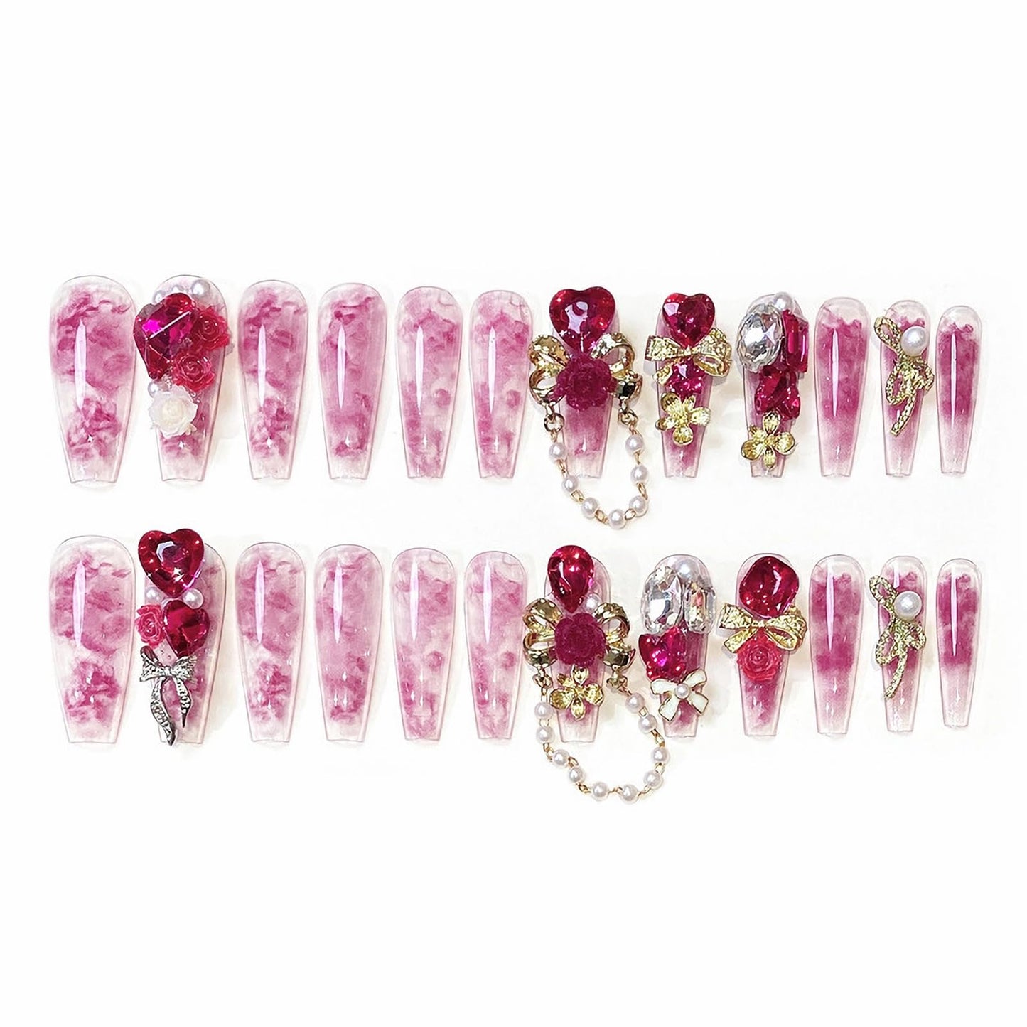 MISUD Press on Nails - Long Coffin Fake Nails with Red Rhinestone, Acrylic Handmade Design 24 pcs