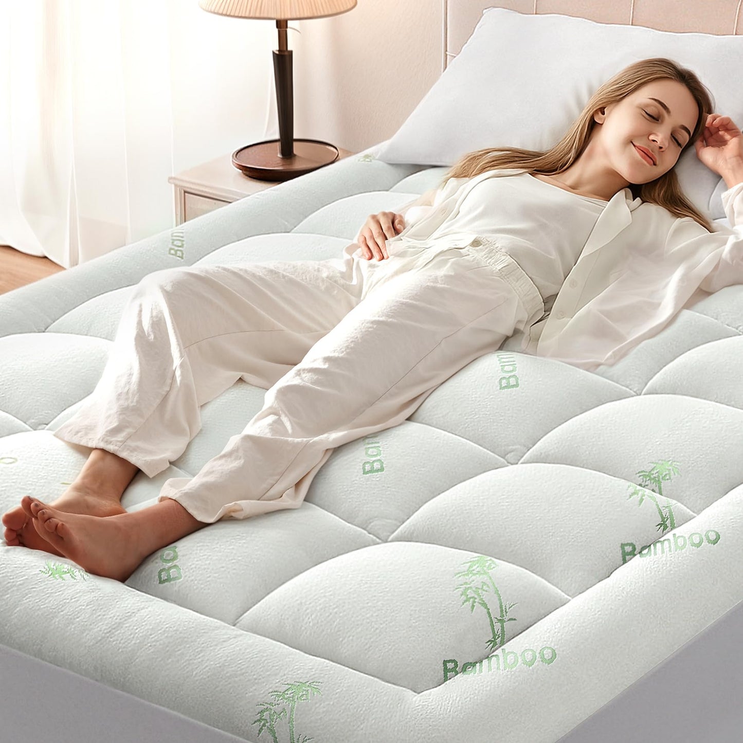 Anluoer Queen Mattress Topper Memory Foam, Rayon Derived from Bamboo Pillow Top Mattress Topper for Back Pain Relief, Cooling Soft Mattress Pad with 8-21" Deep Pocket, 60x80 Inches, White
