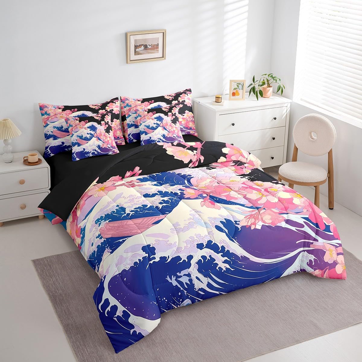 Erosebridal Japanese Ocean Waves Queen Bed Set 7 Piece,Pink Cherry Blossom Comforter Set with Sheets,Oriental Theme Aesthetic Floral Bedding Set with Fitted Sheet,Flat Sheet,Pillowcases