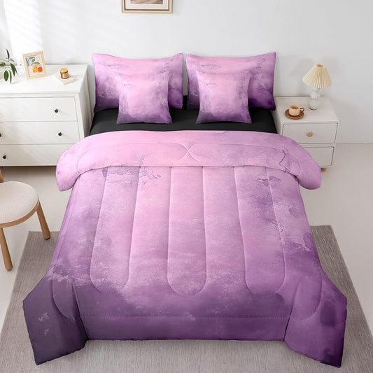 Erosebridal Purple and Pink Abstract 7 Piece Full Size Comforter Set, Watercolor Art Aesthetic Soft Bed in a Bag Bedding for Kids Girls Boys, Ombre Tie Dye Fitted Sheets Set, Smoky Gradient Bed Set