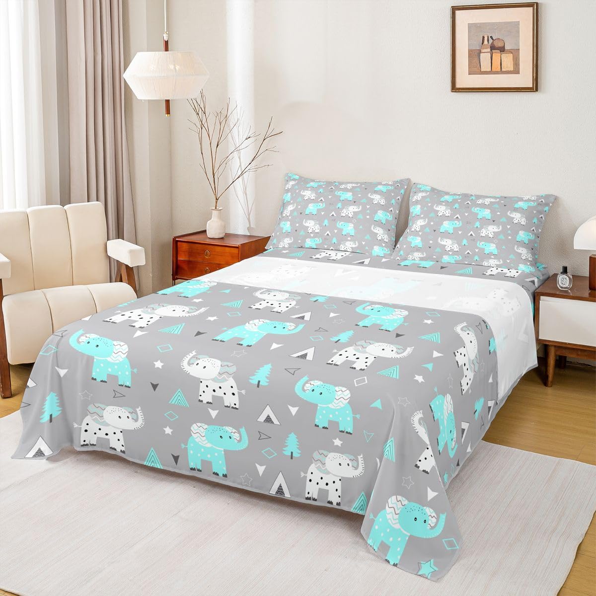 Erosebridal Cartoon Elephant Bed Sheets Full | Zoo Animal Sheet Set for Kids Boys Girls Wildlife Sheets Kawaii Animals Geometric Flat Fitted Sheet 3 Pcs