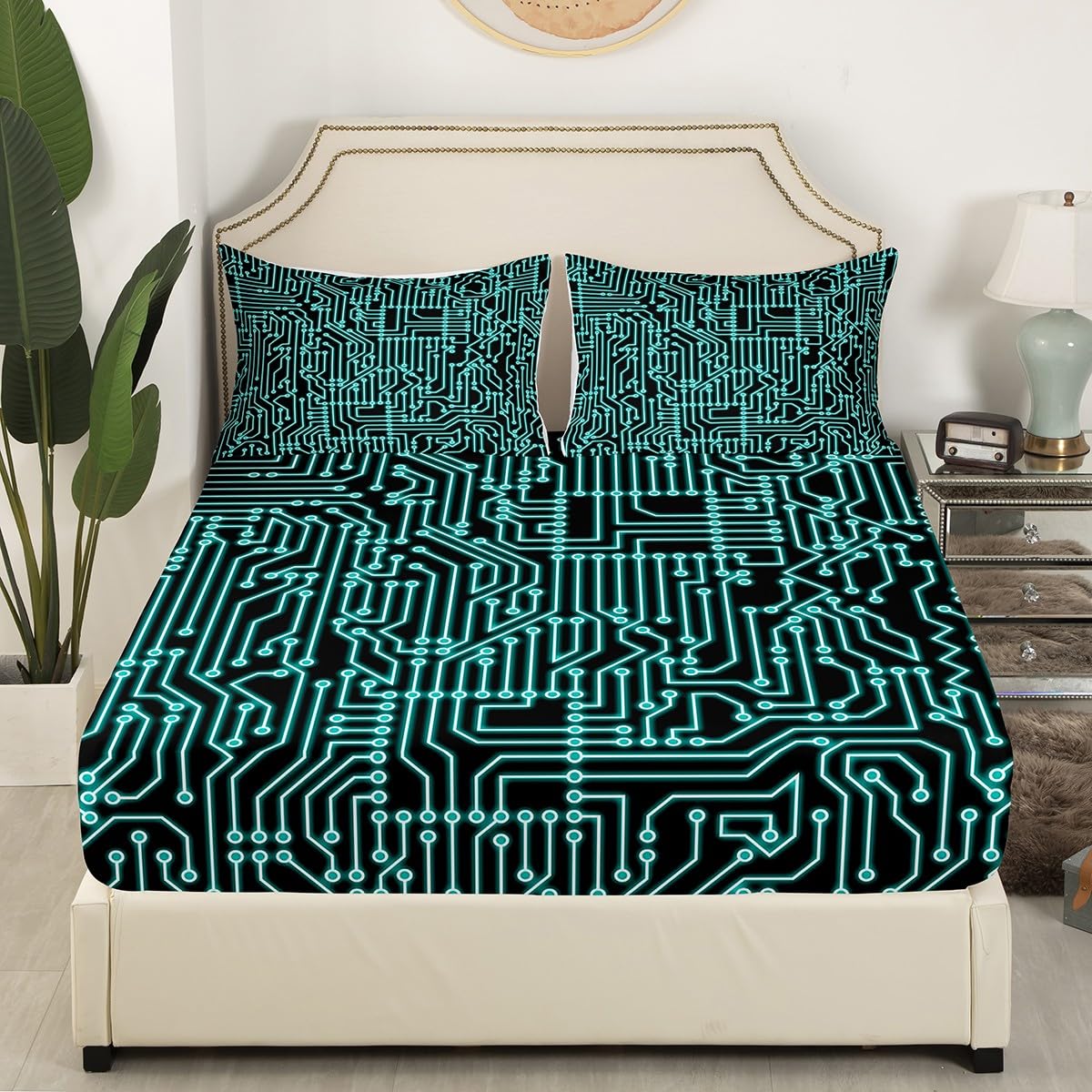 Erosebridal Circuit Board Fitted Sheet Queen Size, Science and Technology Bed Sheets for Kids Boys Teens Adult Bedroom, Print Chips Teal Bedding Set Stripe Sheets