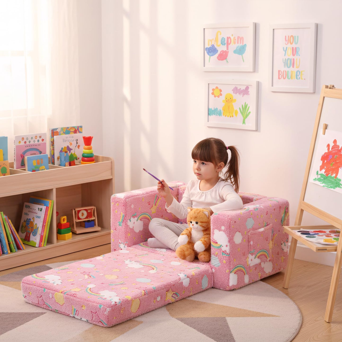 Givjoy Kids Sofa Toddler Chair, Children Couch with Side Pockets 2 in 1 Glow in Dark Armchair with Removable and Washable Cover Carrying Handle Kids Reading Sofa for Playroom, Pink Rainbow
