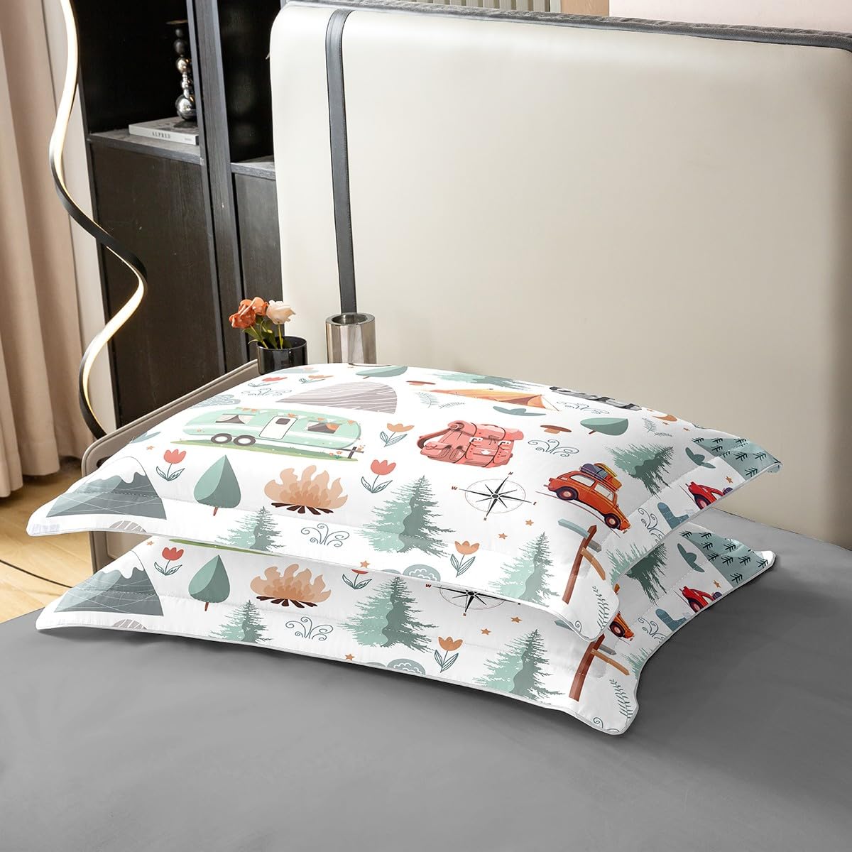Kids Camper Theme 100% Cotton Duvet Cover Twin, Happy Camping Bedding Set, Travel Car Rv Accessories Comforter Cover, Botanical Flowers Mountain Adventure Quilt Cover, Cute Camper Bedspread Cover