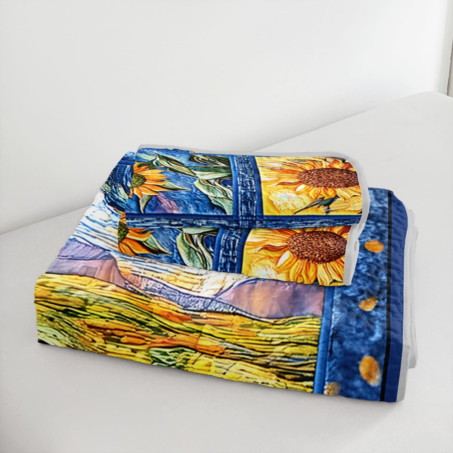 QOOMO Cartoon Sunflower Kids Quilt Set,Flores Print Bedding Set,Blue Room Decoration Soft and Lightweight for All Seasons Twin Size,1 Quilt Set 2 Pillowcases