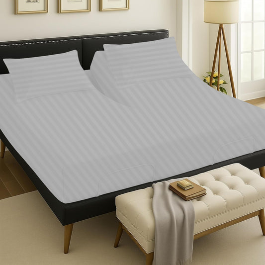 Luxury Split Head King Size 4 Piece 100% Egyptian Cotton 1000 Thread Count Split Top Sheets for Sleep Number Bed Flex Head King 34" Top Split Sheets to fit Upto 18" Deep Mattress - Silver Stripe