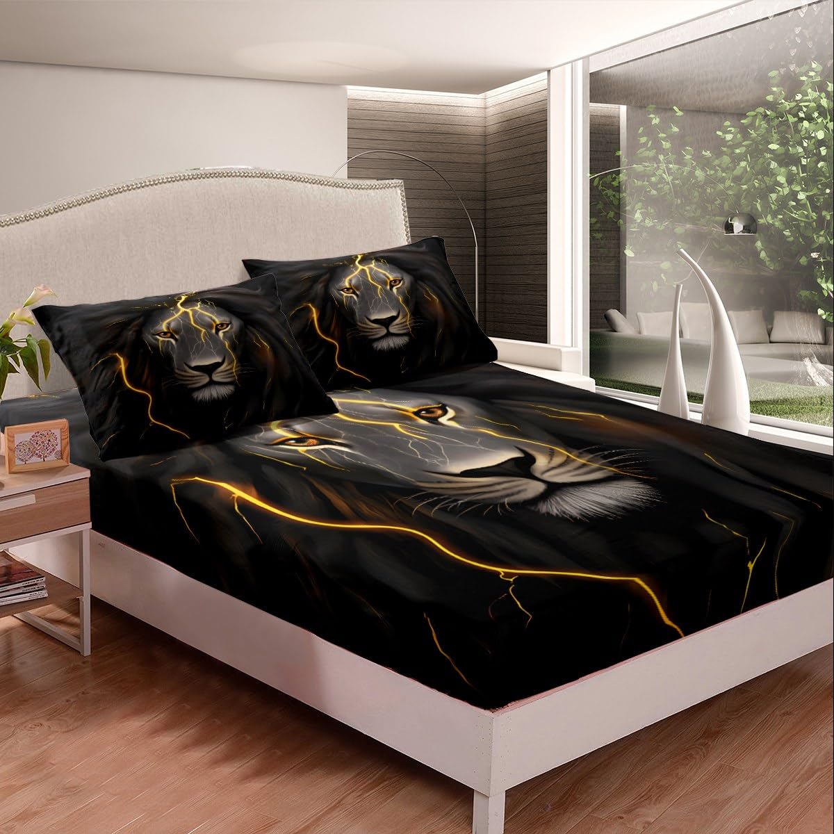 Erosebridal Lion Bed Sheet Set King Gold Lightning Lion Head Bed Sheets Black Grey Wildlife Bedding Sets for Kids Boys Teens Adults Men Wild Animal Fitted Sheet & Flat Sheet 2 Pillow Cases