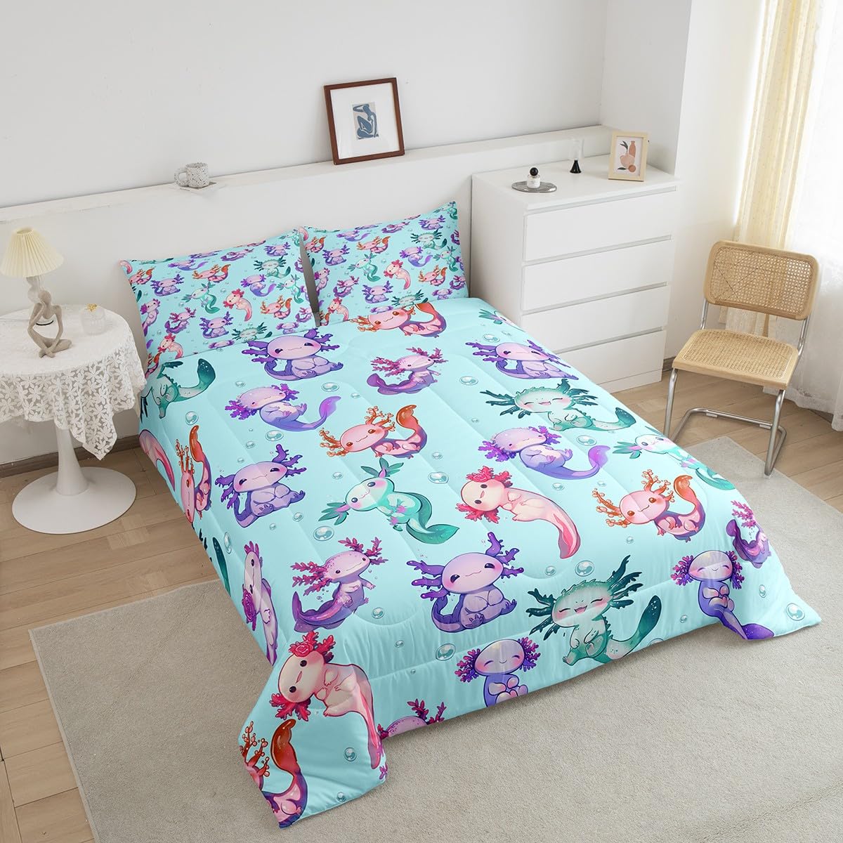 Manfei Cartoon Axolotl Comforter Set Twin Size,Cute Purple Blue Wildlife Animal Bedding Set for Girls Teens Bedroom Decor Green Polka Dots Sea Creature Soft Chic Quilted Duvet with 1 Pillowcase