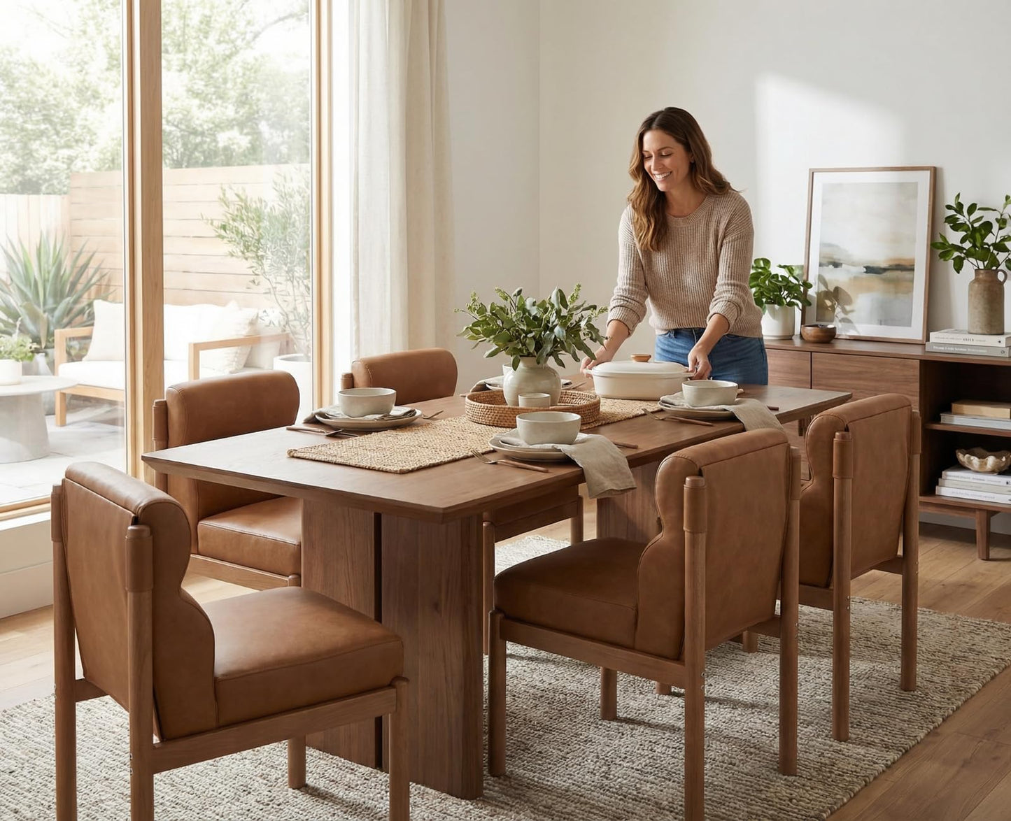 CIMOTA Modern Upholstered Dining Chairs Set of 2, Faux Leather Kitchen & Dining Room Chairs Boucle Armless Side Chairs with Curved Backrest/Solid Wood Legs, PU Brown