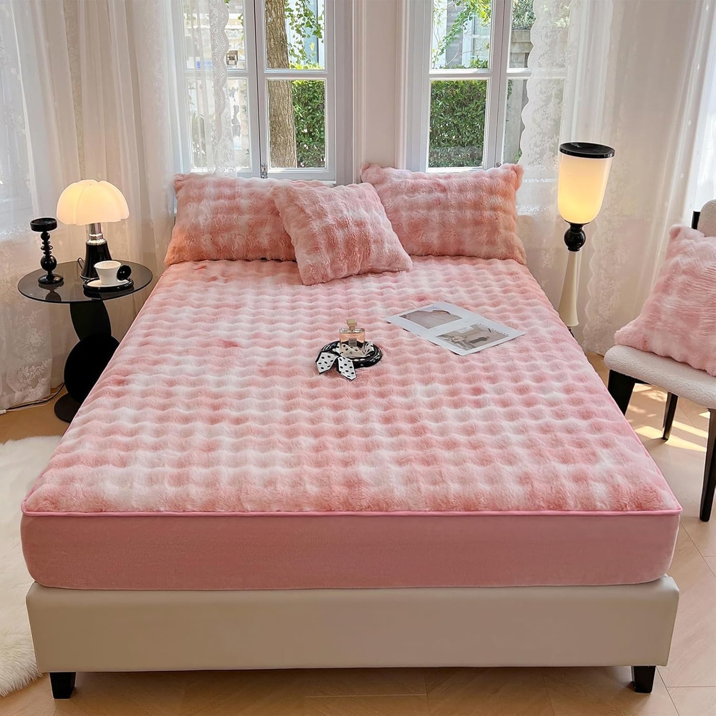 Plush Shaggy Fitted Sheet Full Size-Velvet Fitted Sheet Faux Fur Bottom Sheet with 15" Deep Pocket, Flannel Warm Tie Dyed Mattress Cover,No Pillowcases,Pink