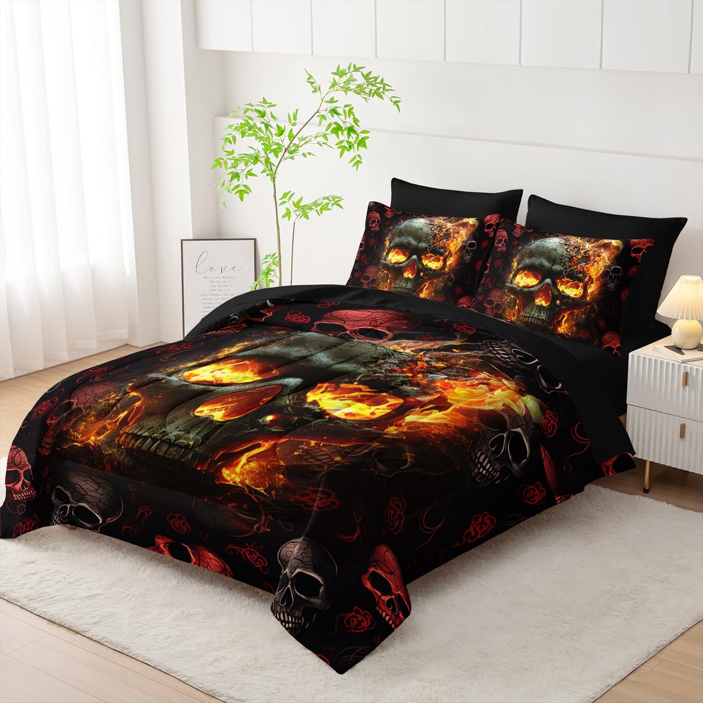 AILONEN 7-Piece Fire Skull Comforter Sets Queen Size,3D Skeleton Bedding Set for Kids Boys Teens,Fiery Style Black Tint Comforter & Fitted Sheet with Flat Sheet & 2 Pillowcases,2 Pillow Shams