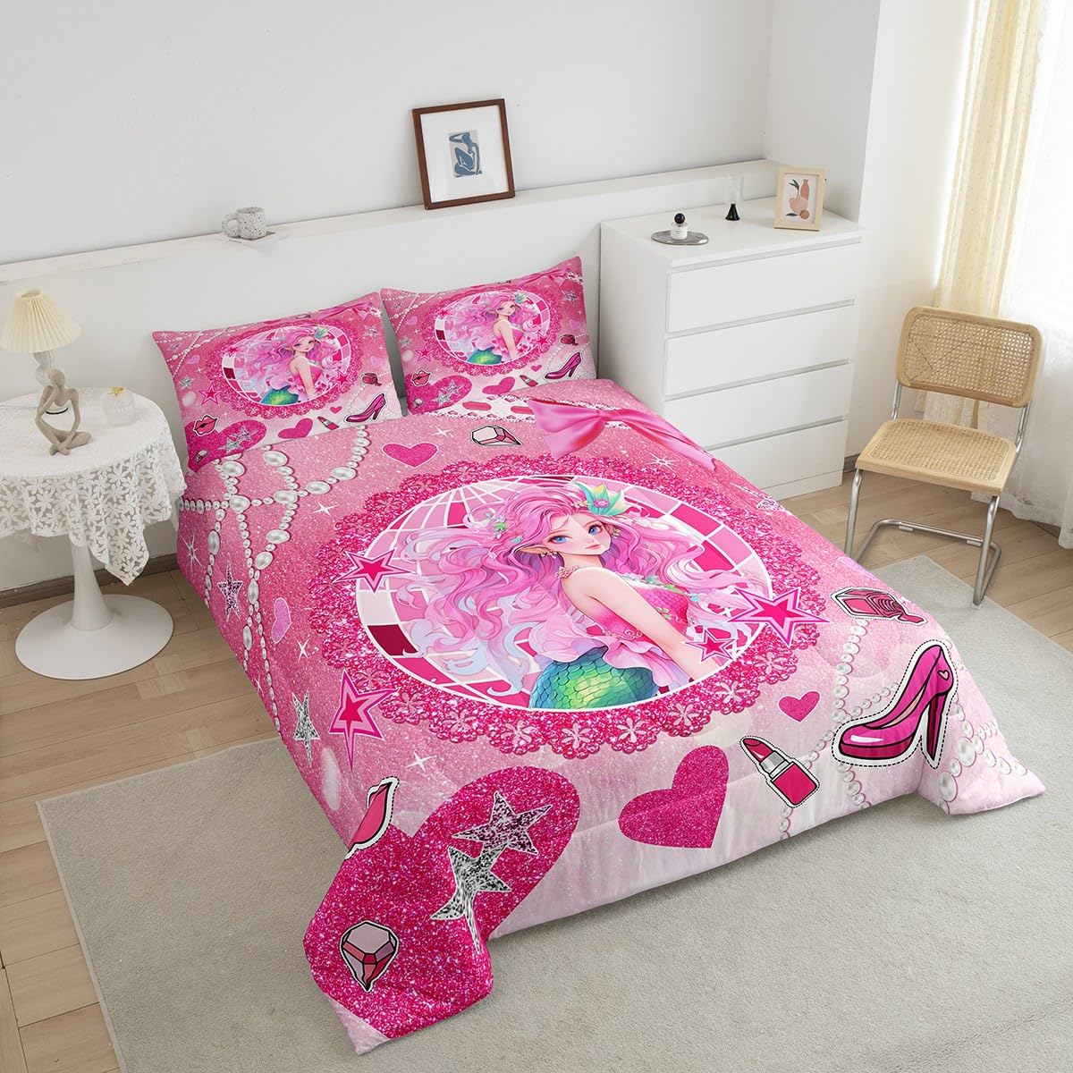 Mermaid Princess Kids Comforter Set Queen Size,High-Heeled Shoes Lip Bowknot Romantic Bedding Set,Girls Women Room Decor,Glitter Sequin Castle Down Comforter,Pink Dreamy Duvet Insert,2 Pillowcases