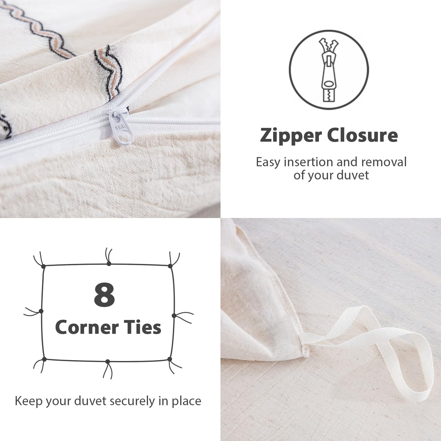 TodaFre Cotton Linen Duvet Cover King Size, Natural Rose Vine Stripe Textured Bedding Set, Cooling Moisture Wicking Breathable Linen Blend for Hot Sleepers (Off-White, 104" x 90")