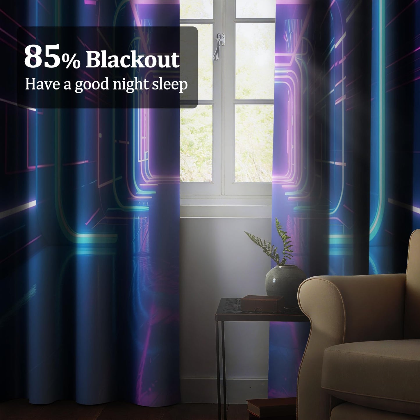Kzzfqxb Gaming Blackout Curtains for Boys Bedroom, Science Fiction Time Tunnel Neon Light Curtains, Light Blocking Drapes for Living Room Decor with Grommets,2 Panels,Each W42 xL63