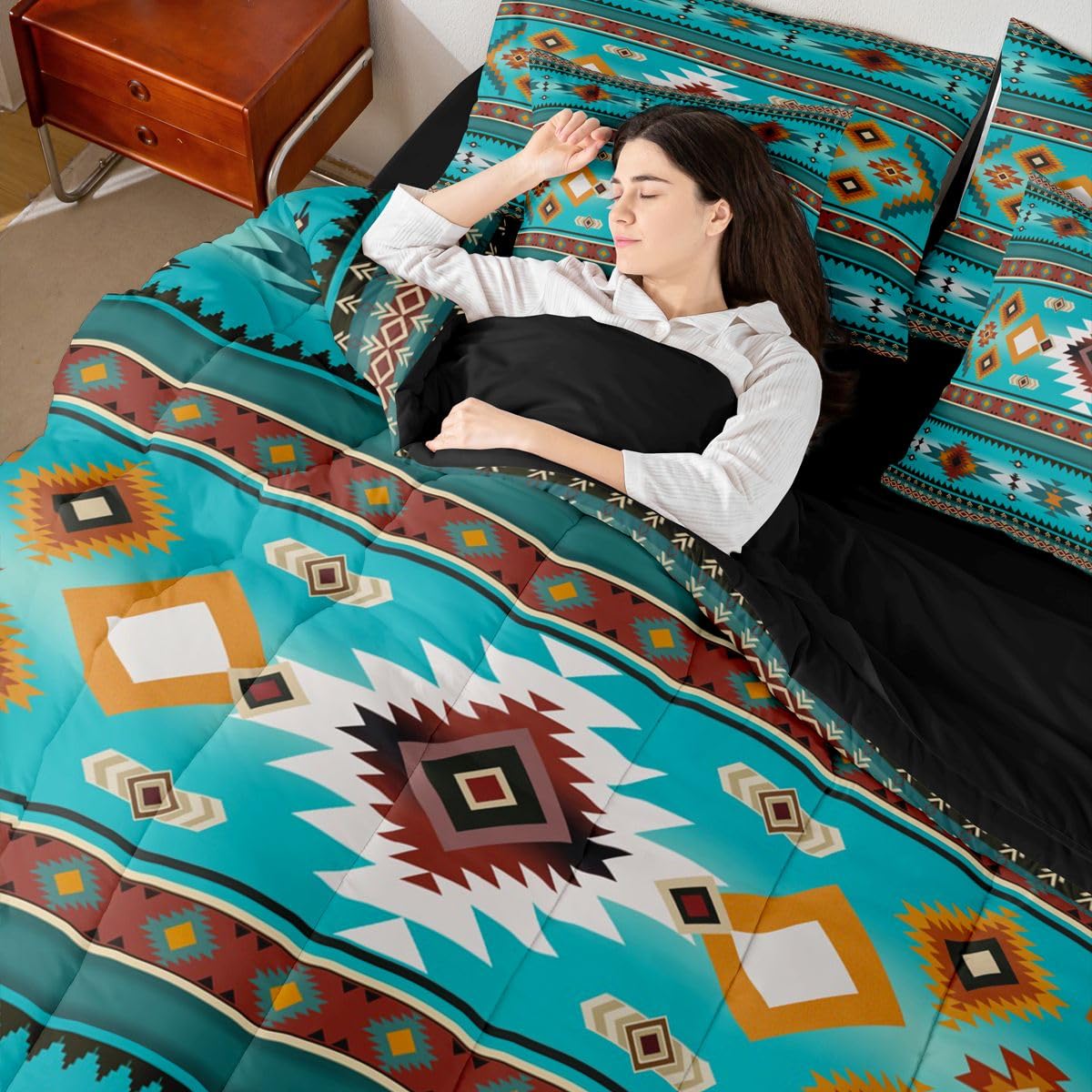 Erosebridal Black Teal Blue Cowboy Aztec Full Comforter Set 7 Pieces | Southwestern Bohemian Bed in A Bag for Bedroom Geometric Farmhouse Cowgirl Bedding Set with Comforters Tribal Adults Room Decor