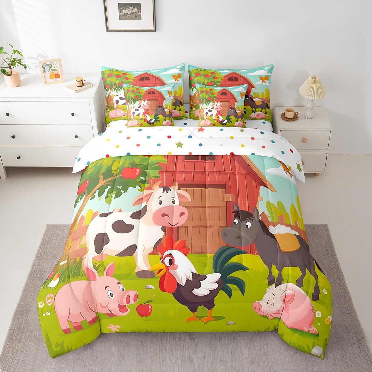 Feelyou Kids Cute Pig Cow Bed in A Bag Twin Size, Farm Animal 7 Pieces Bedding Set Boys Girls Cartoon Farm Nursery Comforter Set with Sheets Rustic Farmhouse Teens Bed Set Bedroom Decor 7Pcs