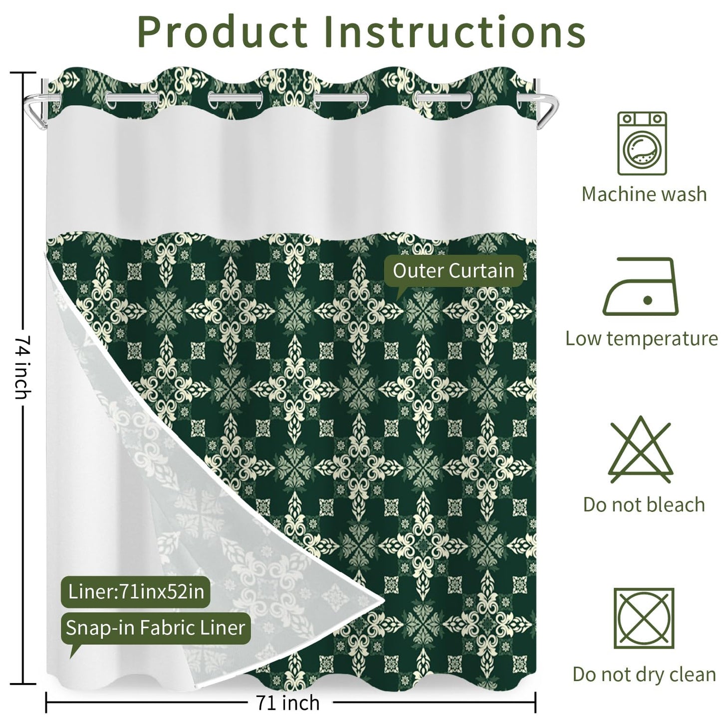 NAEMBCU Green Damask No Hook Shower Curtain with Snap in Liner Set 71x74in
