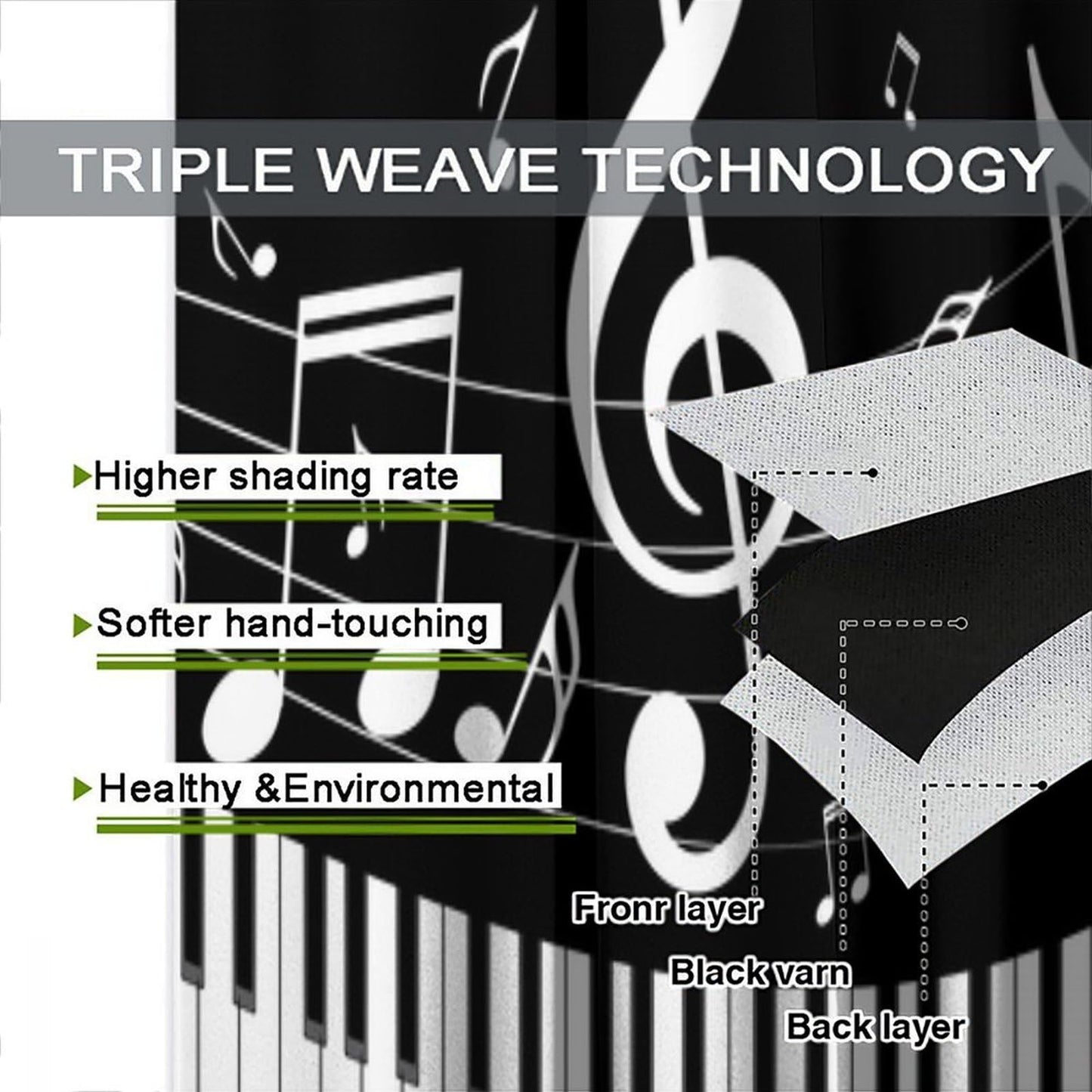 Music Notes Curtain, Black White Musical Notes Piano Key Musical Instruments Modern Romantic Art Window Drapes for Bedroom Living Room 42" W X 45" L(No Blackout)