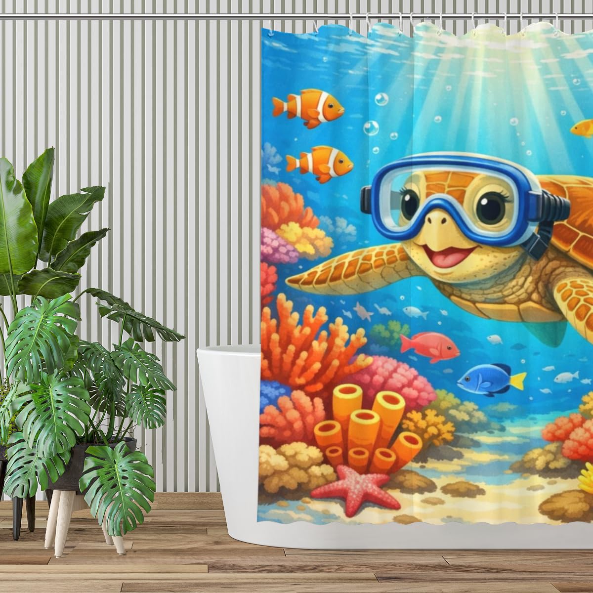 REZHOCH Kids Ocean Shower Curtain 72x72Inch Fun Sea Turtle Snorkeling Underwater Tropical Fish Coral Reef Home Bathroom Decor,Boy Girl Cartoon Animal Coastal Bath Set with Hooks