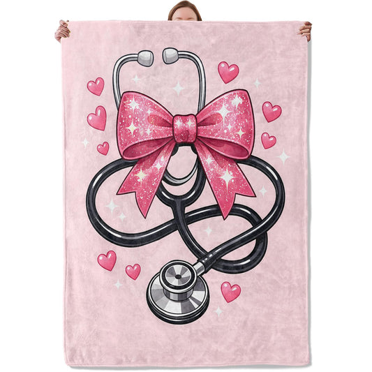 Nurse Blanket Gifts for Women Girls Kids, Soft Warm Lightweight Pink Bow Stethoscope Medical Throw Blankets for Living Room Sofa Home Bedroom Decor 50" x 60"