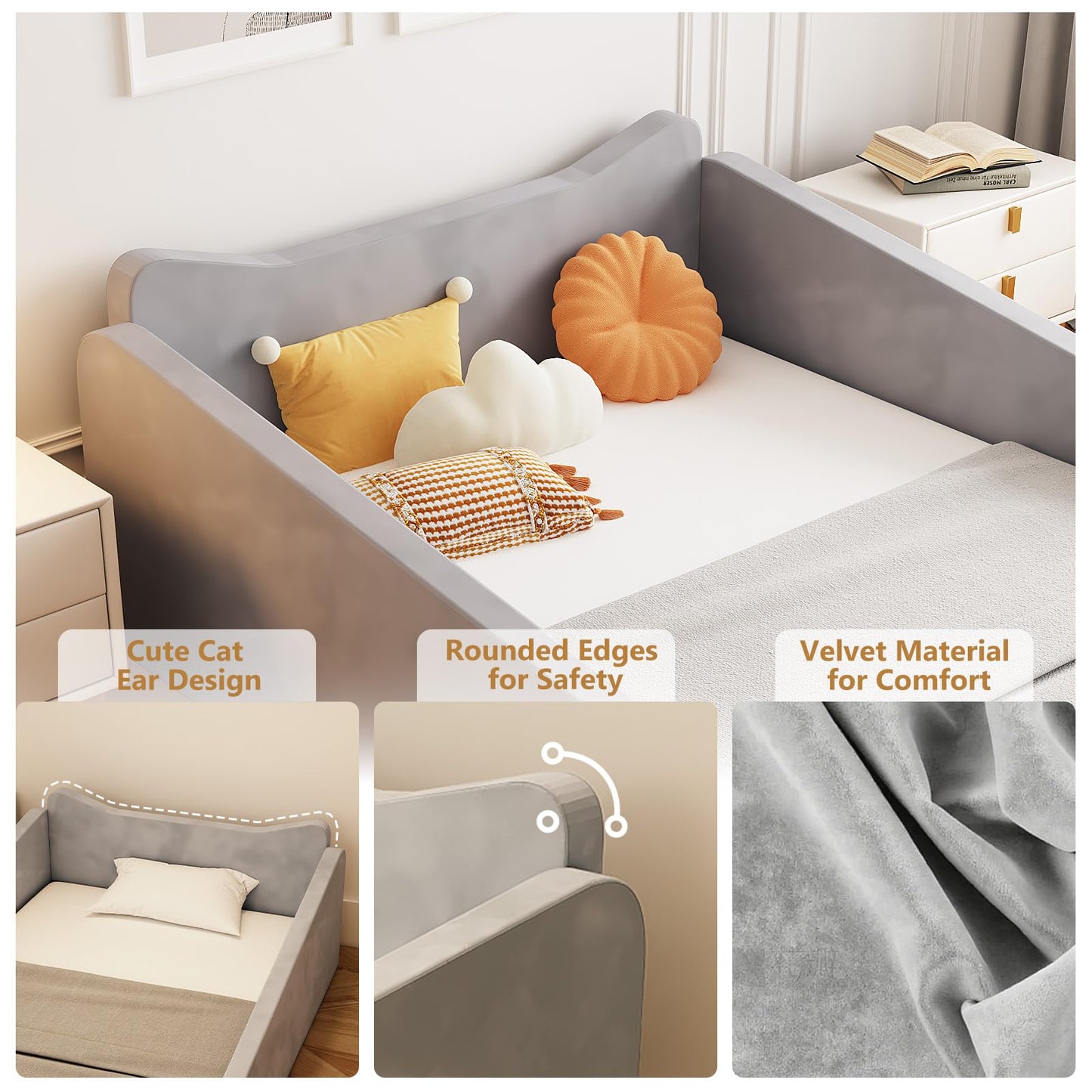 JOYMOR Toddler Bed, Floor Bed with Safety Guadrail, Montessori Toddler Bed with Animal Ear Shapes, Soft Velvet Wood Bed for Infant, Kids, Mattress not Included (Gray)