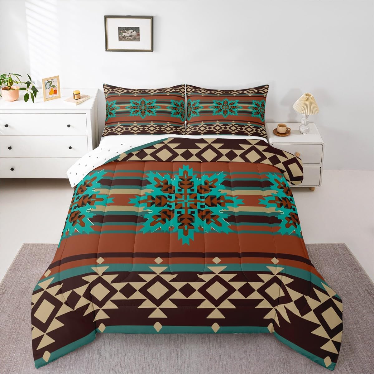 jejeloiu Western Aztec Bedding Set Soft for Boys Girls, Native American Comforter Set Queen Size Geometric Duvet Quilt Microfiber Boho Bedroom Decor 3 Pcs with 2 Pillow Cases