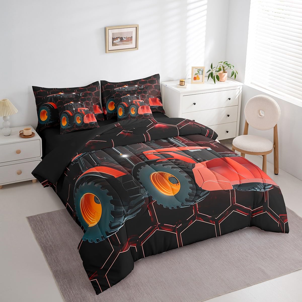 Erosebridal Construction Excavator 7 Piece Comforter Set Full Bed in a Bag,Red Honeycomb Geometric Bedding Sets Hexagon Beehive Truck Sheet Set with Comforter