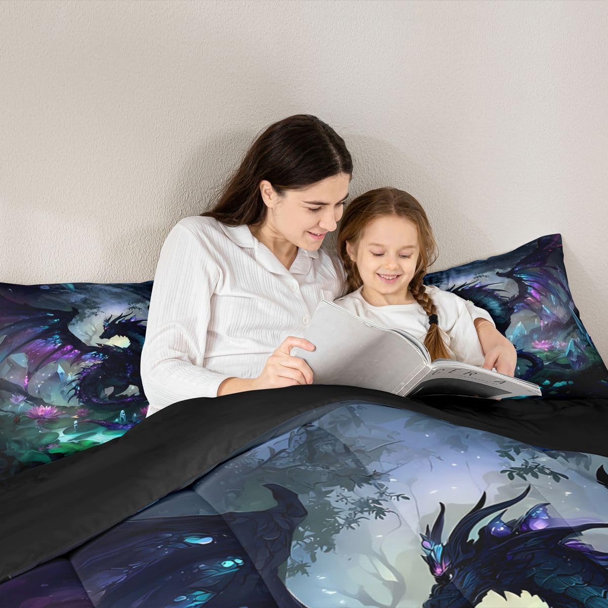 Feelyou Dragon Comforter Set Twin Size Dragon Stuff Bedding Set for Kids Boys Girls Wild Life Duvet Quilt Magic Wildlife Bedroom Decor Black Purplish 2 Pcs with 1 Pillow Cases