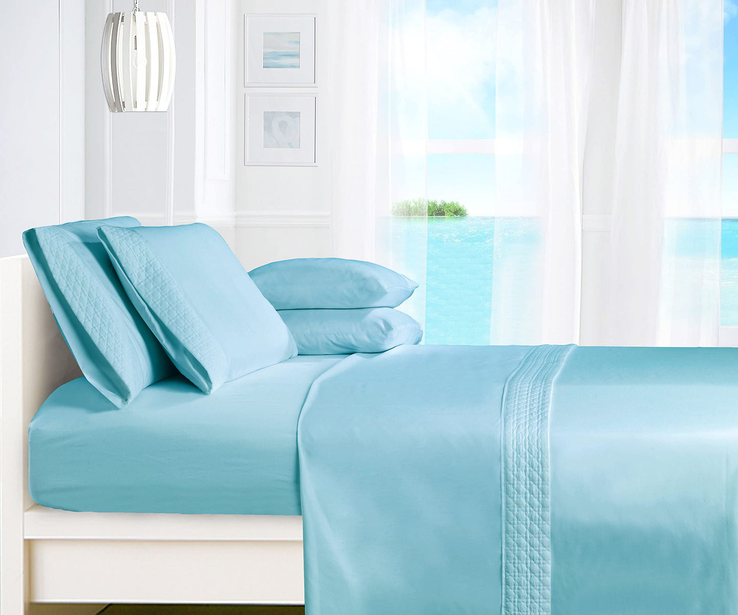 Elegant Comfort Luxury Soft Coziest 4-Piece Bed Sheet Set 1500 Thread Count Egyptian Quality Microfiber Wrinkle Resistant Beautiful Quilted Design on Flat Sheet and Pillowcases, Queen, Aqua