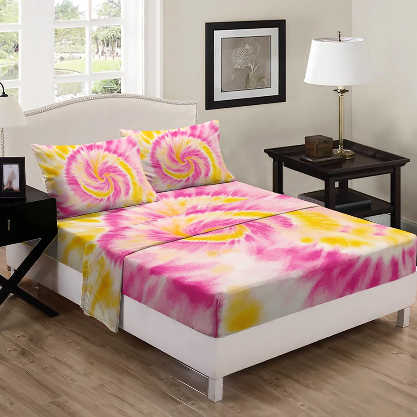Nttopship Pink Tie-dye 4 Pieces Bed Sheet Sets Full Size Abstract Modern Art Bedding Sets with 16" Deep Pockets Graffiti Bedroom Decor,Bedding Set 4 PCS(1 Fitted+1 Flat+2 Pillowcases)