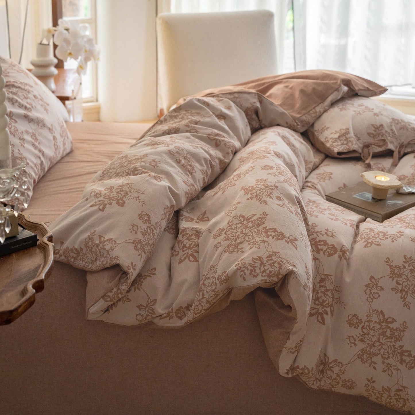 VM VOUGEMARKET Chic Floral Duvet Cover Queen,Yarn-Dyed Cotton Jacquard Textured Duvet Cover with Bowknot Retro Monet Style Bedding Set-90"x90",Pumpkin
