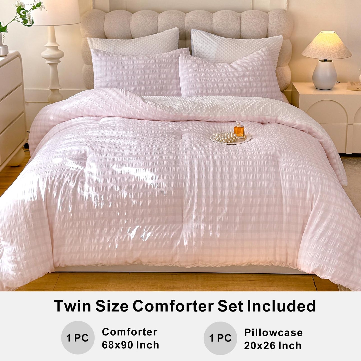 tohrisa Boho Comforter Set Twin Size - 2 Pieces Lightweight Jacquard Seersucker Bedding Sets (1 Soft Fluffy Grid Comforter & 1 Pillowcase) - All Seasons Cozy Modern Bed Set(68"x90" Blush Pink)
