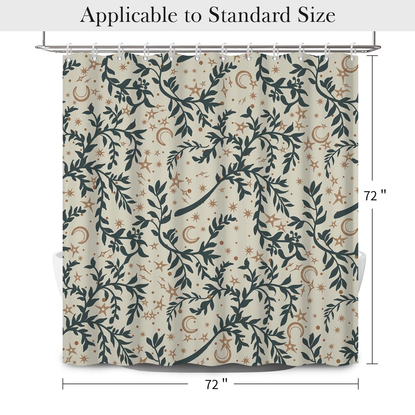 NAEMBCU Botanical Celestial Shower Curtain with Hooks - 72x72 Inch Waterproof Fabric Bathroom Curtain with Green Leaf & Moon Star Pattern, Bath Curtain for Boho Aesthetic Interiors