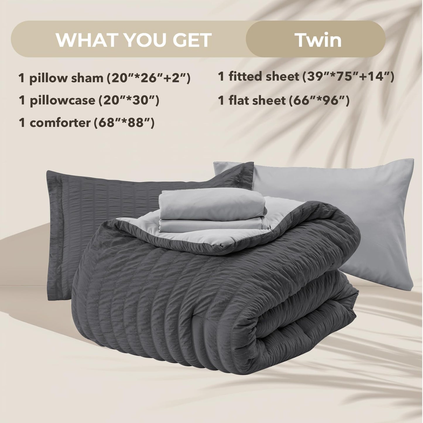 HYMOKEGE Dark Grey/Light Grey Twin Comforter Set Seersucker 5 Pieces, All Season Luxury Bed in a Bag for Bedroom, Bedding Set with Comforter, Sheets, Pillowcase & Sham