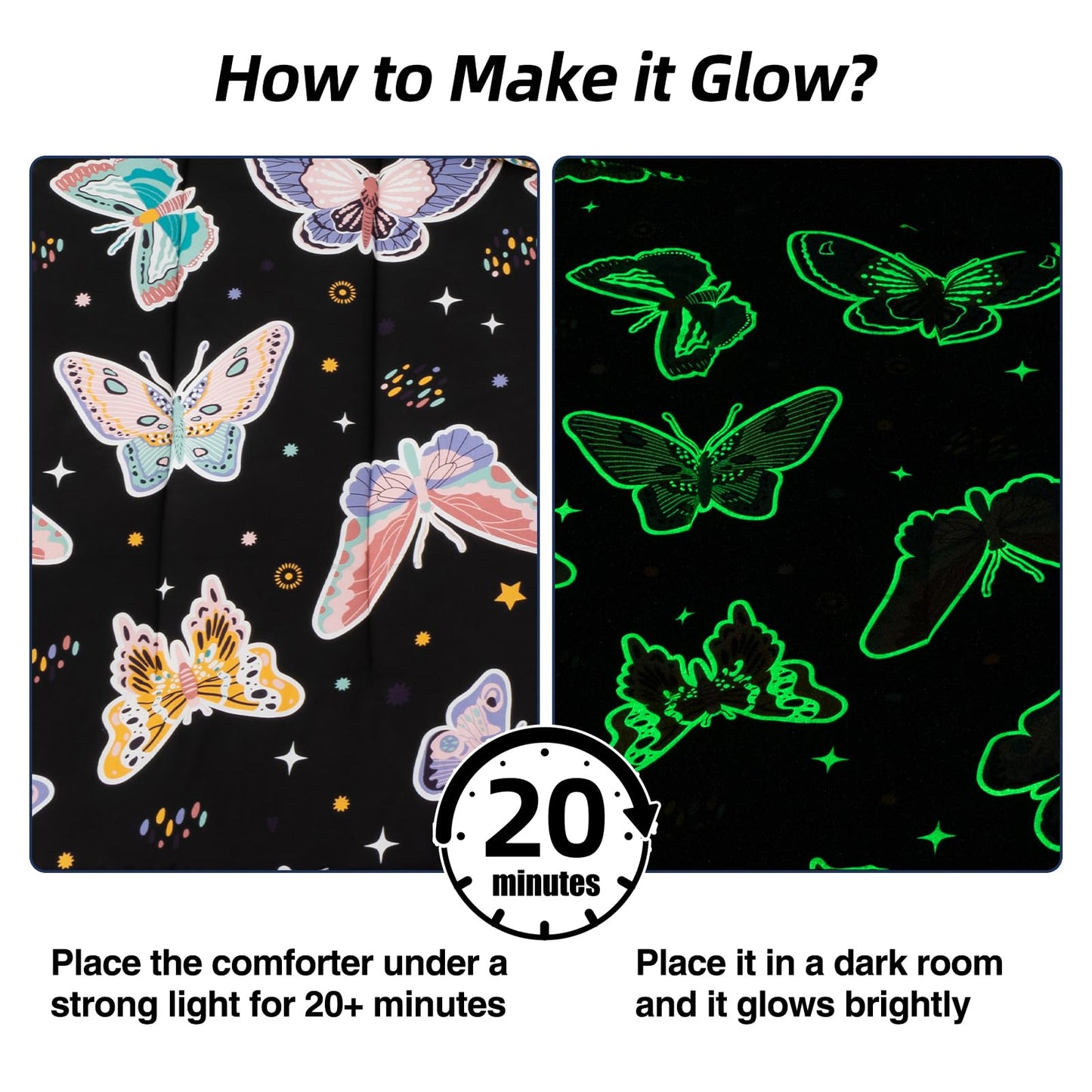 Meeting Story Glow in the Dark Girl Twin Butterfly Bedding Sets Zipper Bedding, 3 Pcs Zip Up Comforter Bed in a Bag with Fitted Sheet and 2 Pcs Pillowcases(Blackpurple,Twin)