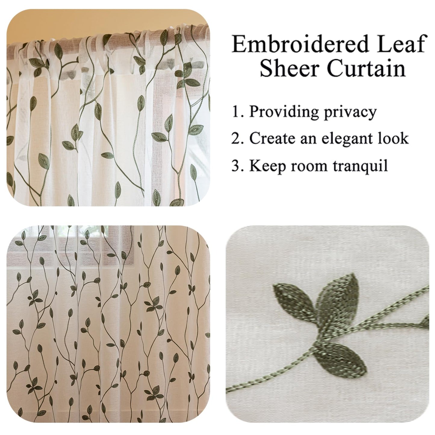 AmHoo 2 Panels Embroidered Leaf Pattern Semi Sheer Curtains Foliage Floral Voile Window Draperies Treatment for Bedroom Living Room Rod Pocket White Sage Green 53 x 95 Inch