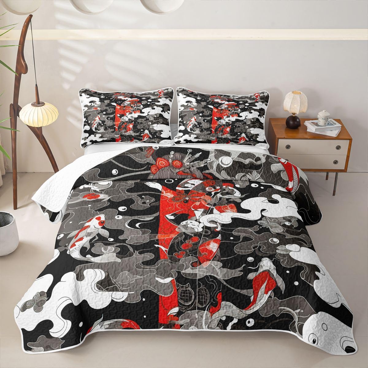 Erosebridal Japanese Geisha Quilts Twin Size - Japanese Smoky Clouds Bedspread Coverlet Set, Koi Fish Quilt Coverlets 2Pcs (Only 1 Pillowcase)