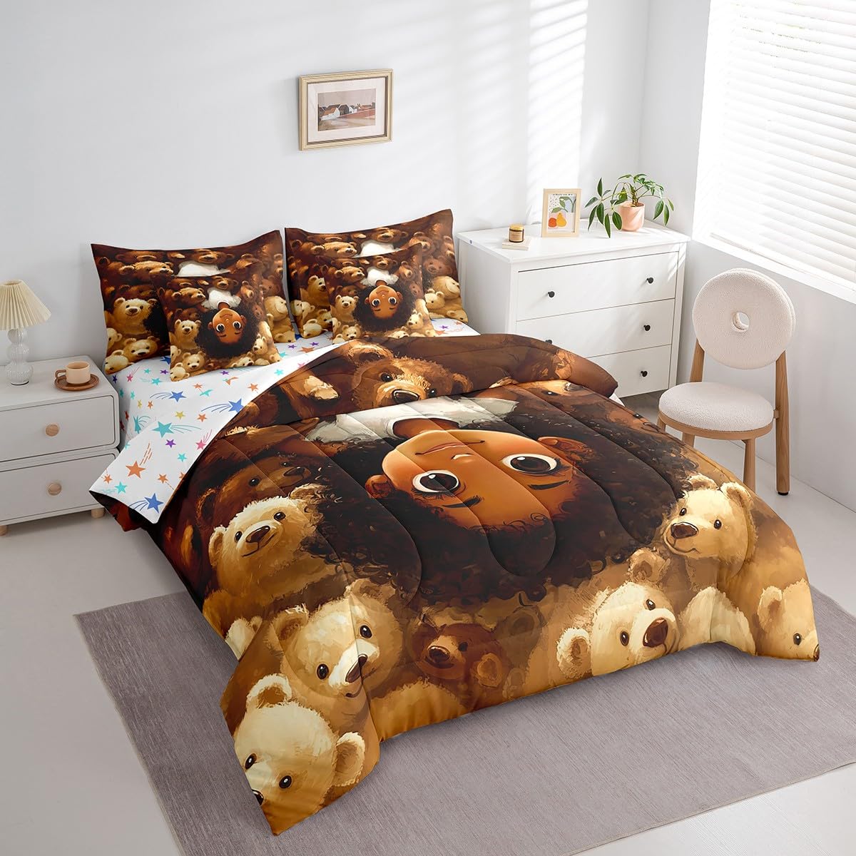 jejeloiu Kids Cute Black Girl Comforter Set 7 Pieces Full Size African American Girl Bedding Set for Boys Girls Bear Bed in a Bag with Comforter, Sheets, Pillowcases & Cushion Covers（No Glitter）