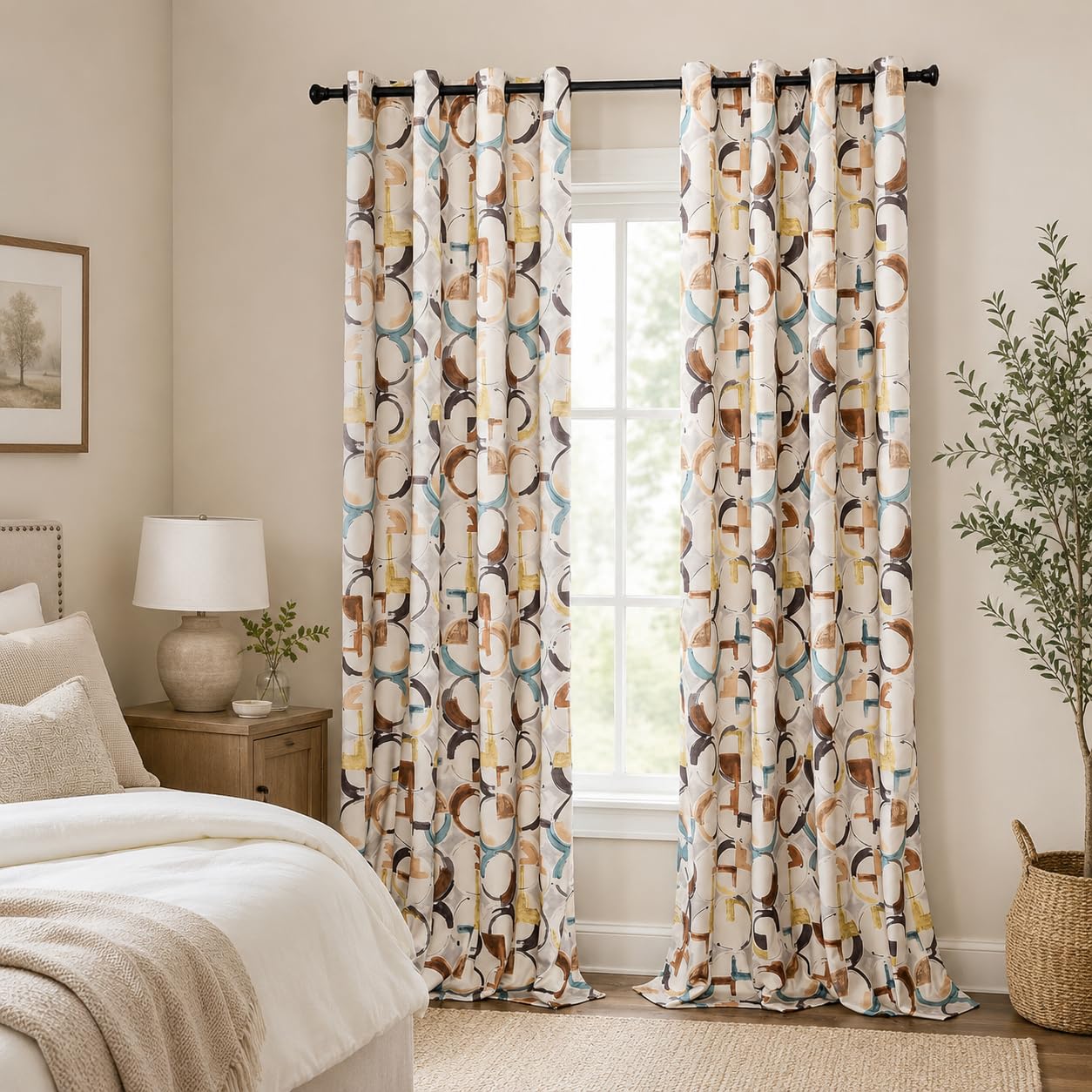 VOGOL Blackout Curtains for Bedroom, Brown Geometric Circles Print Curtains 84 inch Length Thermal Insulated Room Darkening Grommet Drapes for Living Room Home Theatre, 52 x 84 Inches, 2 Panels