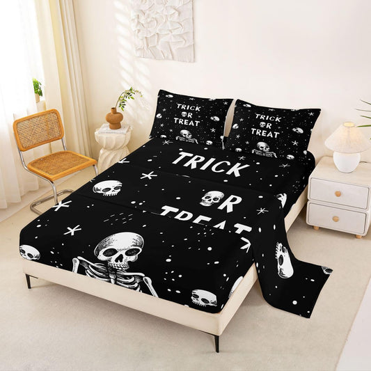 Feelyou Sugar Skull Bed Sheets Set Full Size Halloween Themed Bed Set Vintage Halloween Decor Deep Pocket Fitted Sheet Trick or Treat Breathable Soft Lightweight Microfiber Gothic Skull
