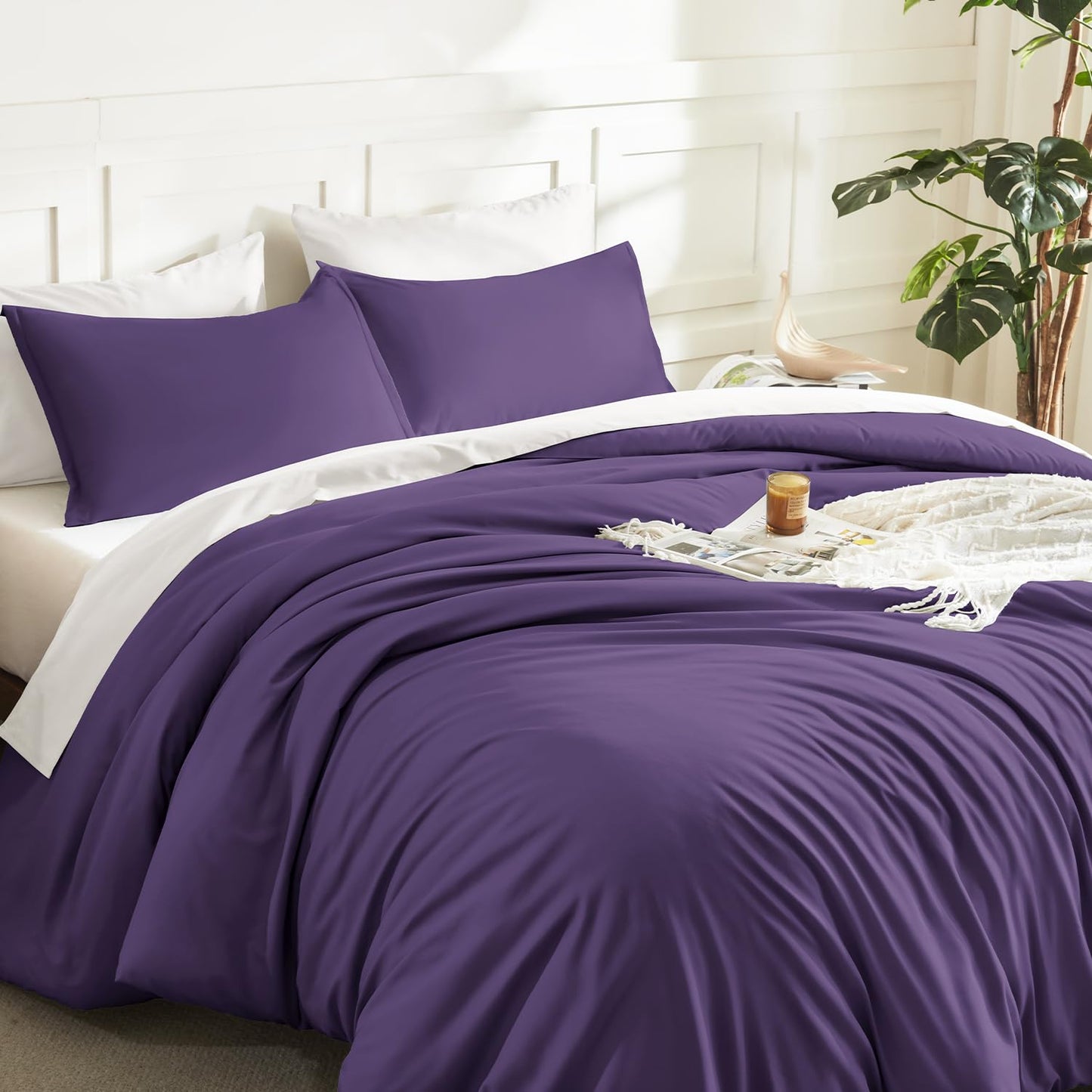 Litanika Dark Violet Purple Comforter Set King Size, 3 Pieces Lightweight Solid Bedding Comforter Set, All Season Fluffy Bed Set (104x90In Comforter & 2 Pillowcases)