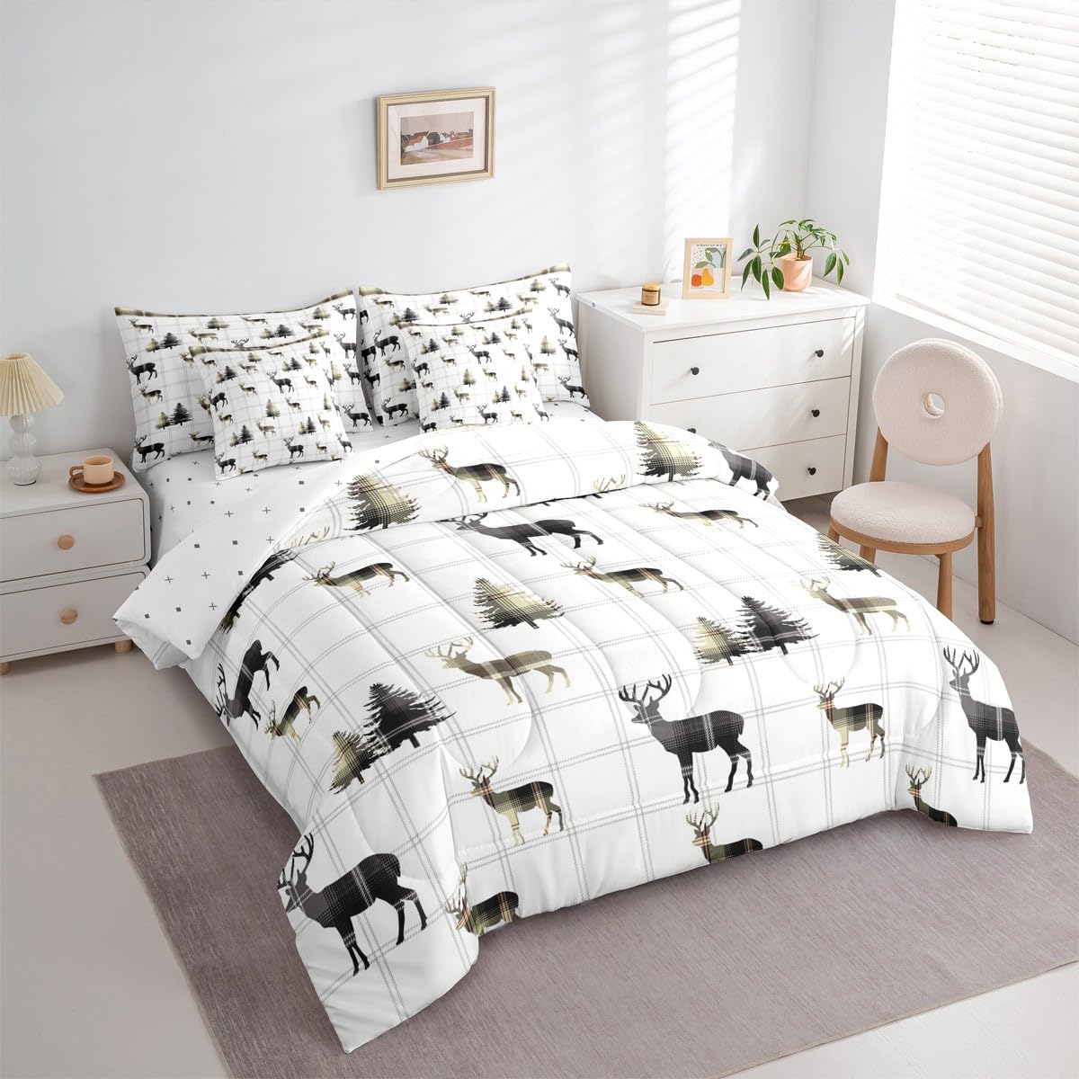 jejeloiu Cute Deer Comforter Set with Sheets 7 Piece Twin Size Antlers Bed in a Bag Kids Boys Girls Pine Tree Bedding Set Bedroom Decor Breathable Soft Lightweight Microfiber