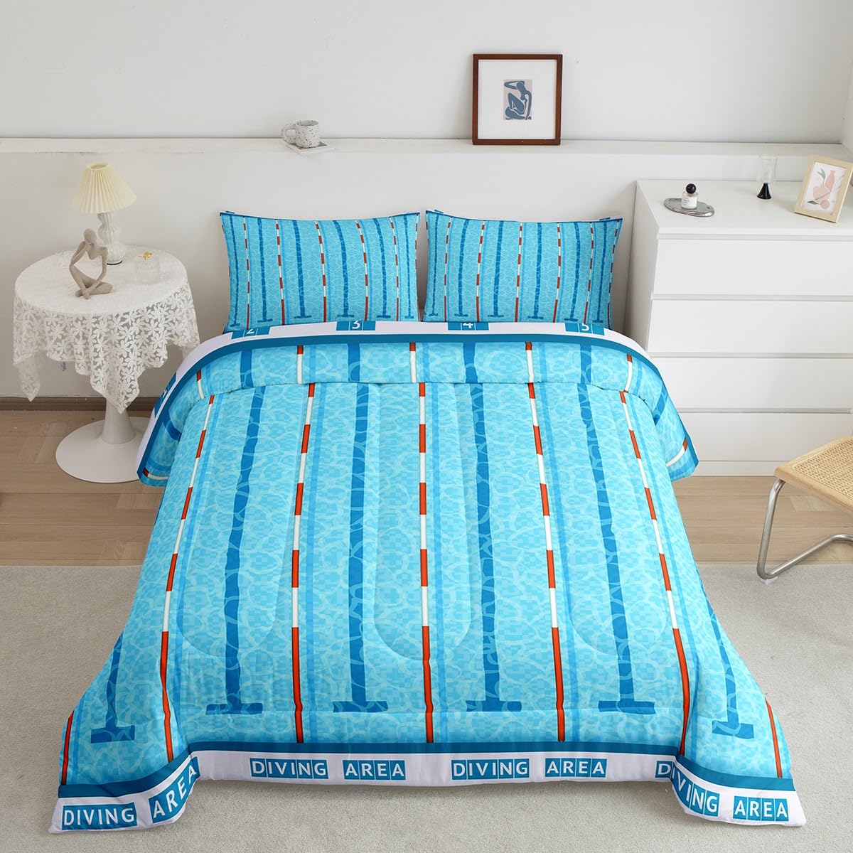 Manfei Swimming Kids Comforter Set Queen Size,Swim Sports Games Modern Fashion Bedding Set,Boys Girls Adults Room Decor,Swimming Pool Chic Down Comforter,Blue Unique Duvet Insert,2 Pillowcases