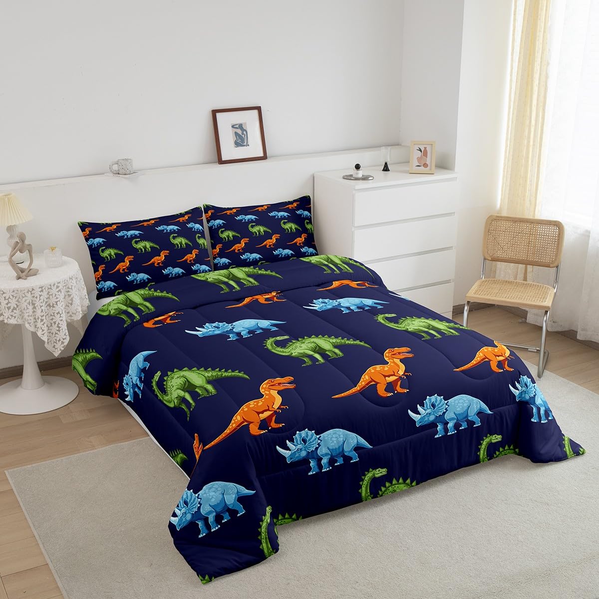 Cartoon Dinosaur Bedding Set Full, Dark Blue Dinosaur Comforter Set for Kids Dinosaurs Print Comforter Boys Girls Jungle Dino Duvet Set Breathable Bedroom Decor with 2 Pillow Case