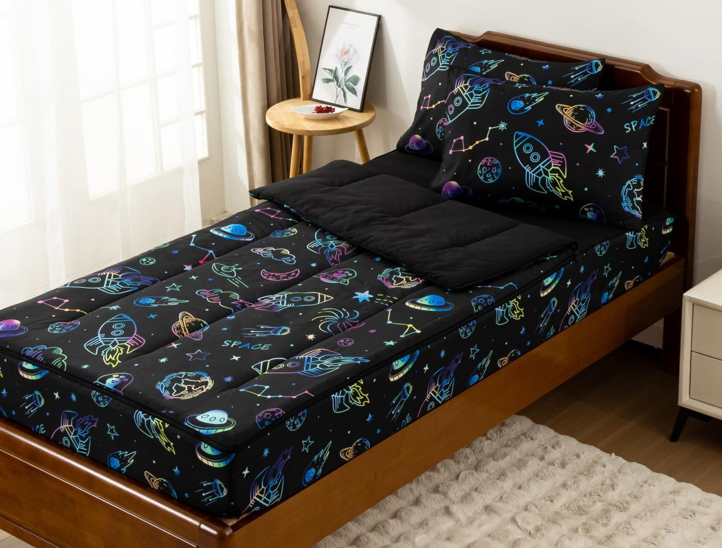 Meeting Story 3pcs Kids Comforter Set Zipper Bedding Set for Boys,Twin Kid Comforter Set Space Bedding Set for Kid,All in one Zipper Bedding（Blackgreen,Twin）
