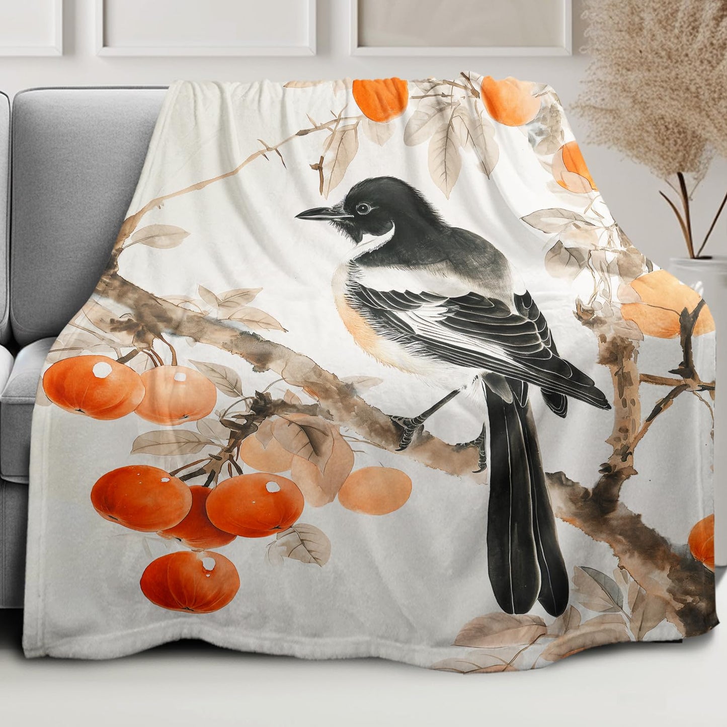 Persimmons & Magpie Blanket, Traditional Art Home Decor, Super Soft Fleece Throw Blankets for Couch Sofa Bed, 50" x 60"