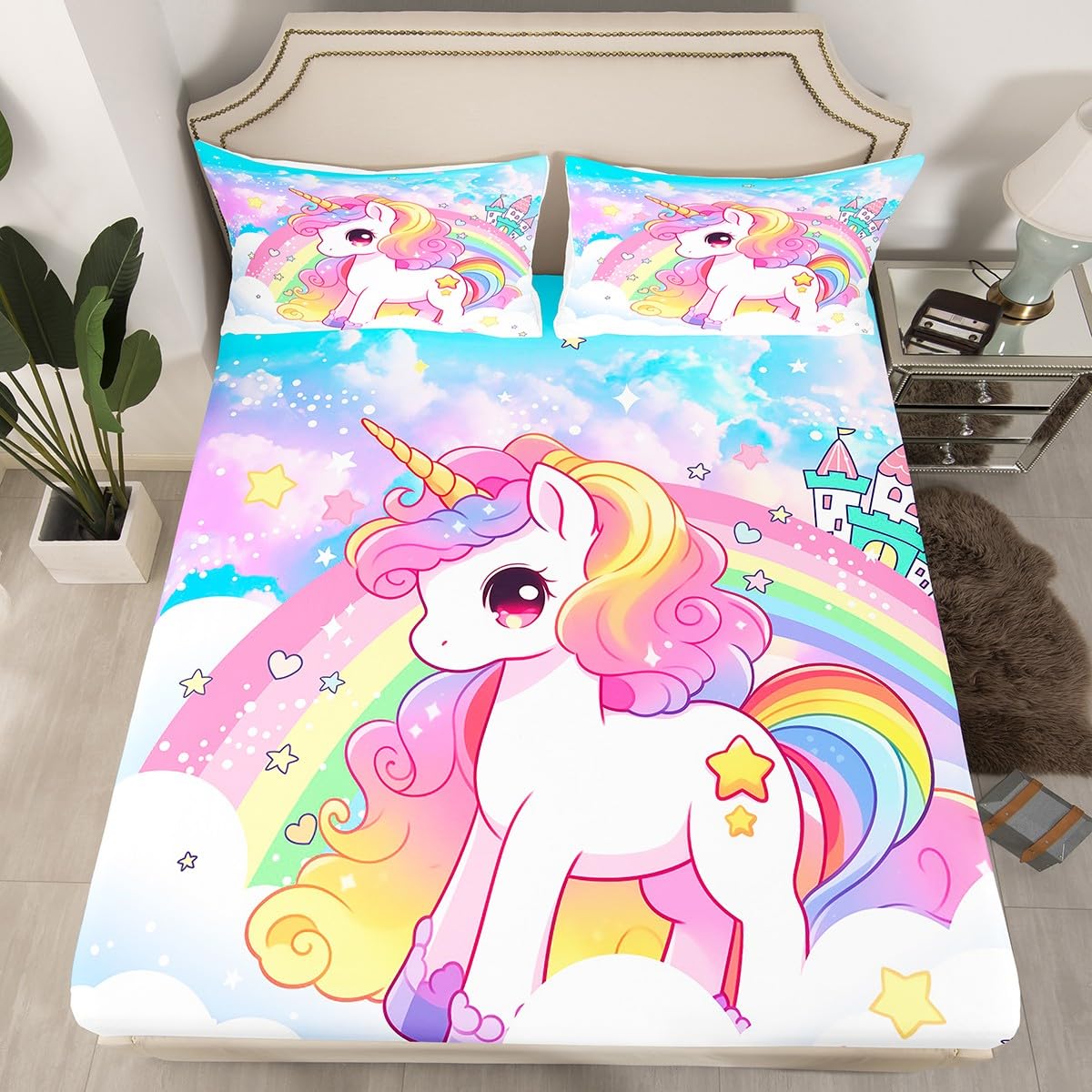 Cute Unicorn Kids Fitted Sheet Full Size,Rainbow Stars Cloud Dreamy Bedding Set,Girls Women Room Decor,Cartoon Animals Castle Girly Bed Cover,Pink Blue Unique Bed Sheet,2 Pillowcases