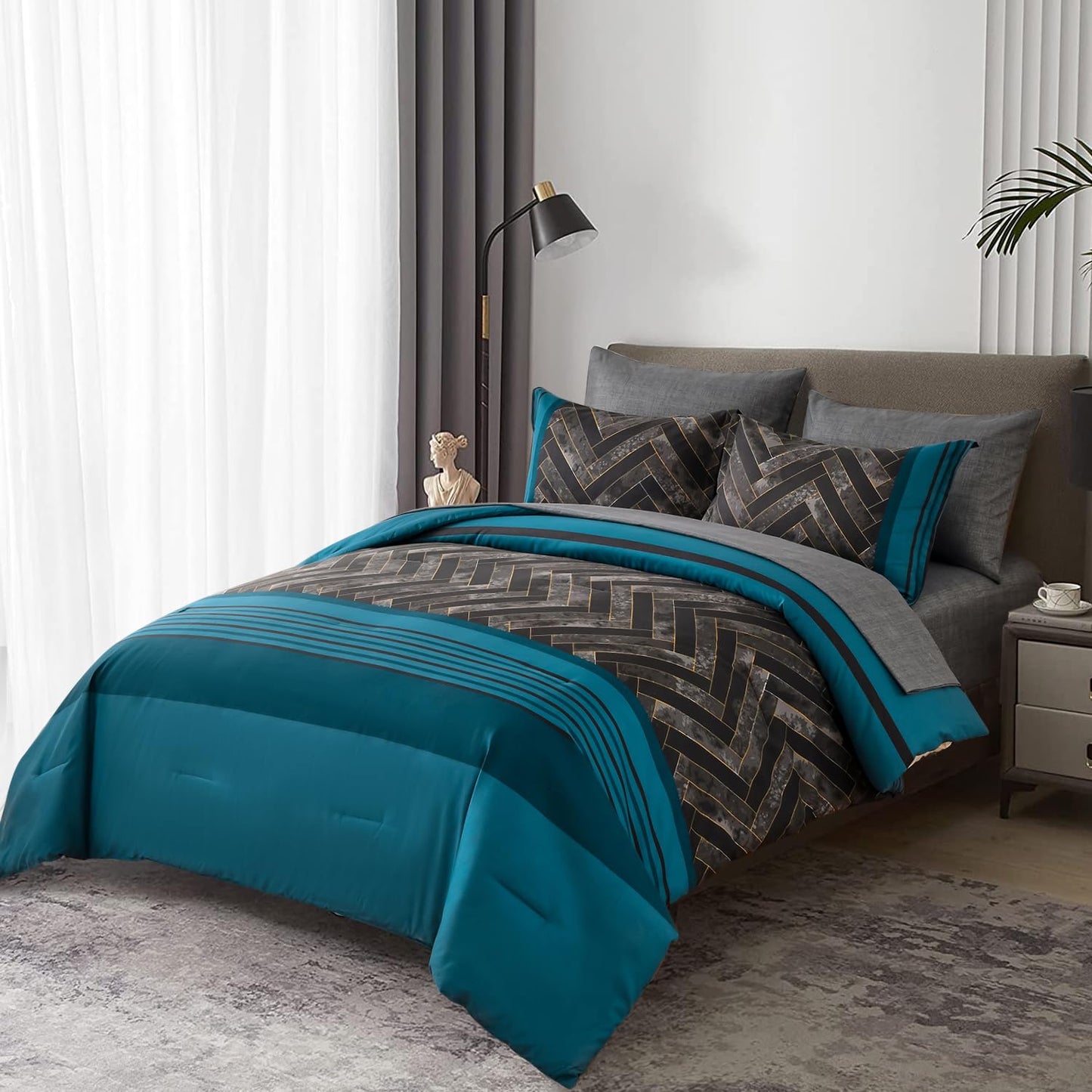 Luxudecor Teal Blue Comforter Set King Size, 7 Pieces Blue and Black Stripe Bed in a Bag, Geometric Comforter and Sheet Set, Soft Microfiber Complete Bedding Sets for All Seasons